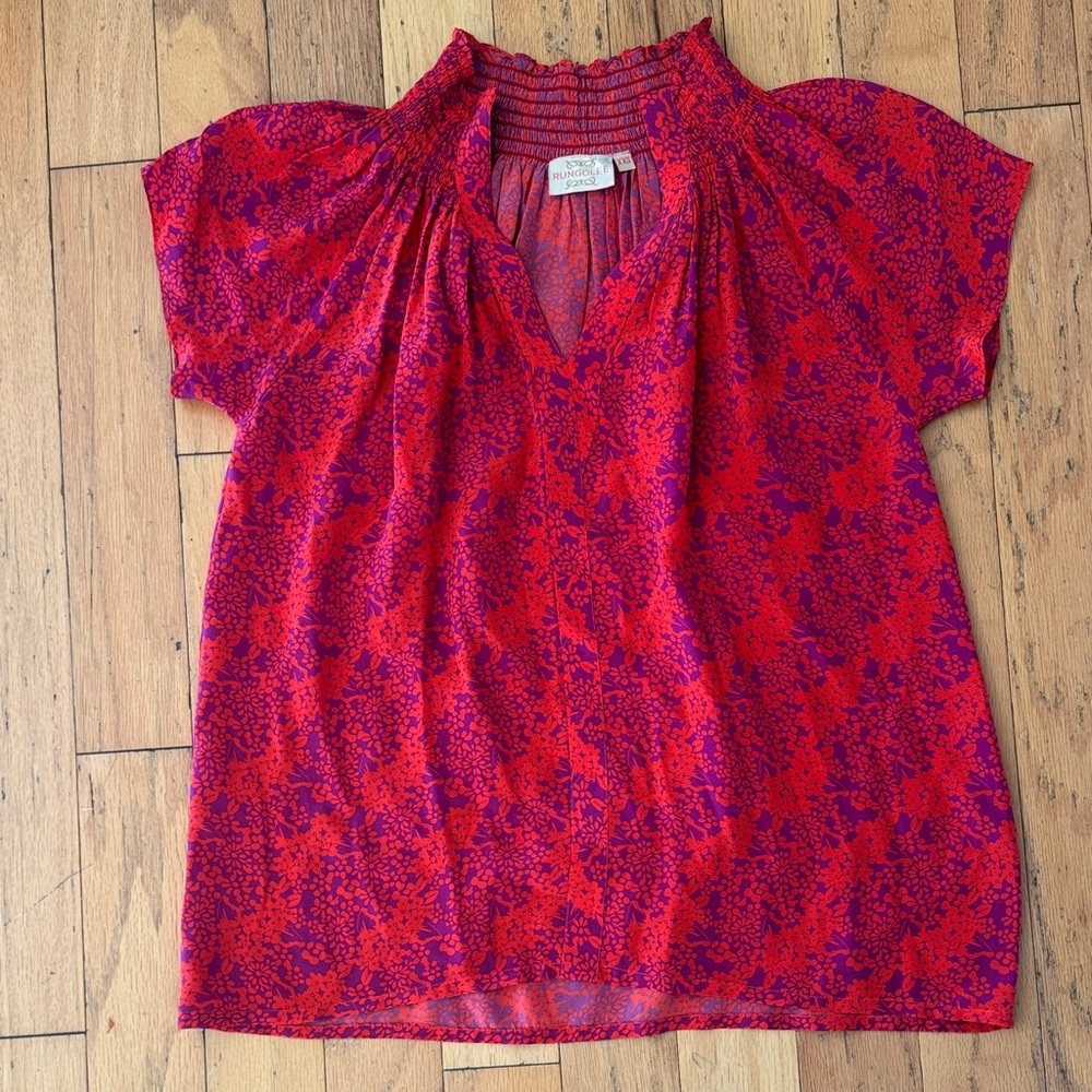 Rungolee Kiki Blouse - Short Sleeve - Silk - Red/Orange/Purple Floral - XXS